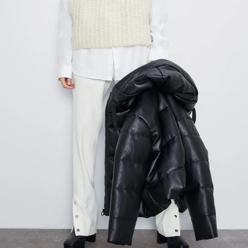ZARA Black Faux Leather Puffer Jacket sz Medium